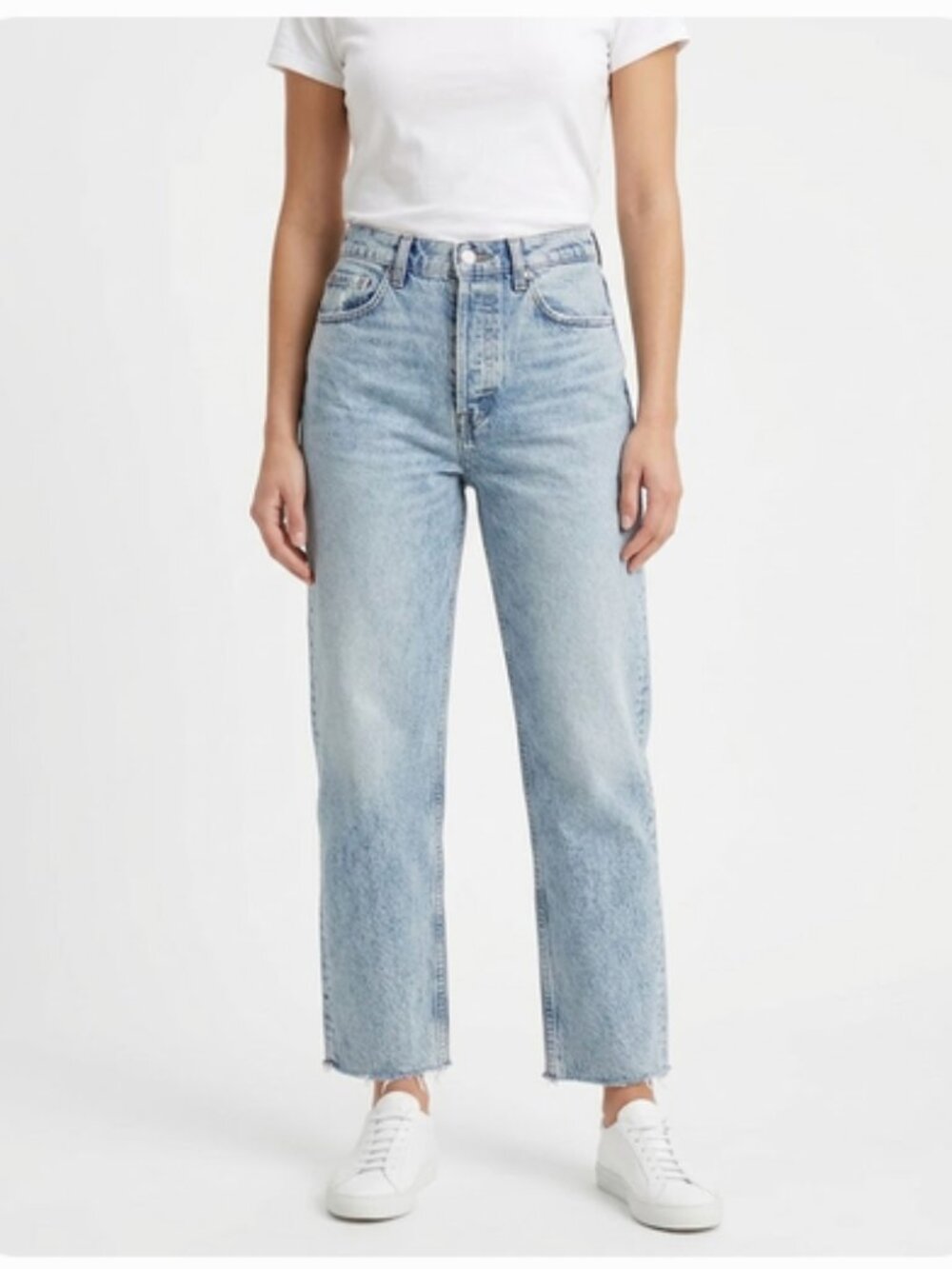 Zara Jeans High Waist Ankle Distressed Straight Legs Button Fly Raw Hem, size 6